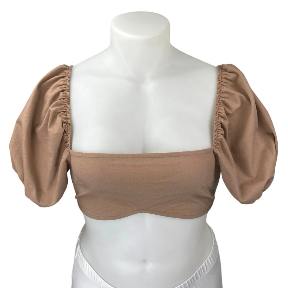 SABO Women's Tan Linen Short Puff Sleeve Bandeau Tube Blouse Crop Top Size M